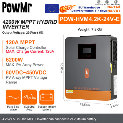 PowMr Hybrid Solväxelriktare 2kW–11kW – Ren Sinusvåg MPPT 120A 12V/24V/48V 220V LiFePO4/Litium/Blåsyra WiFi EU-lager CE