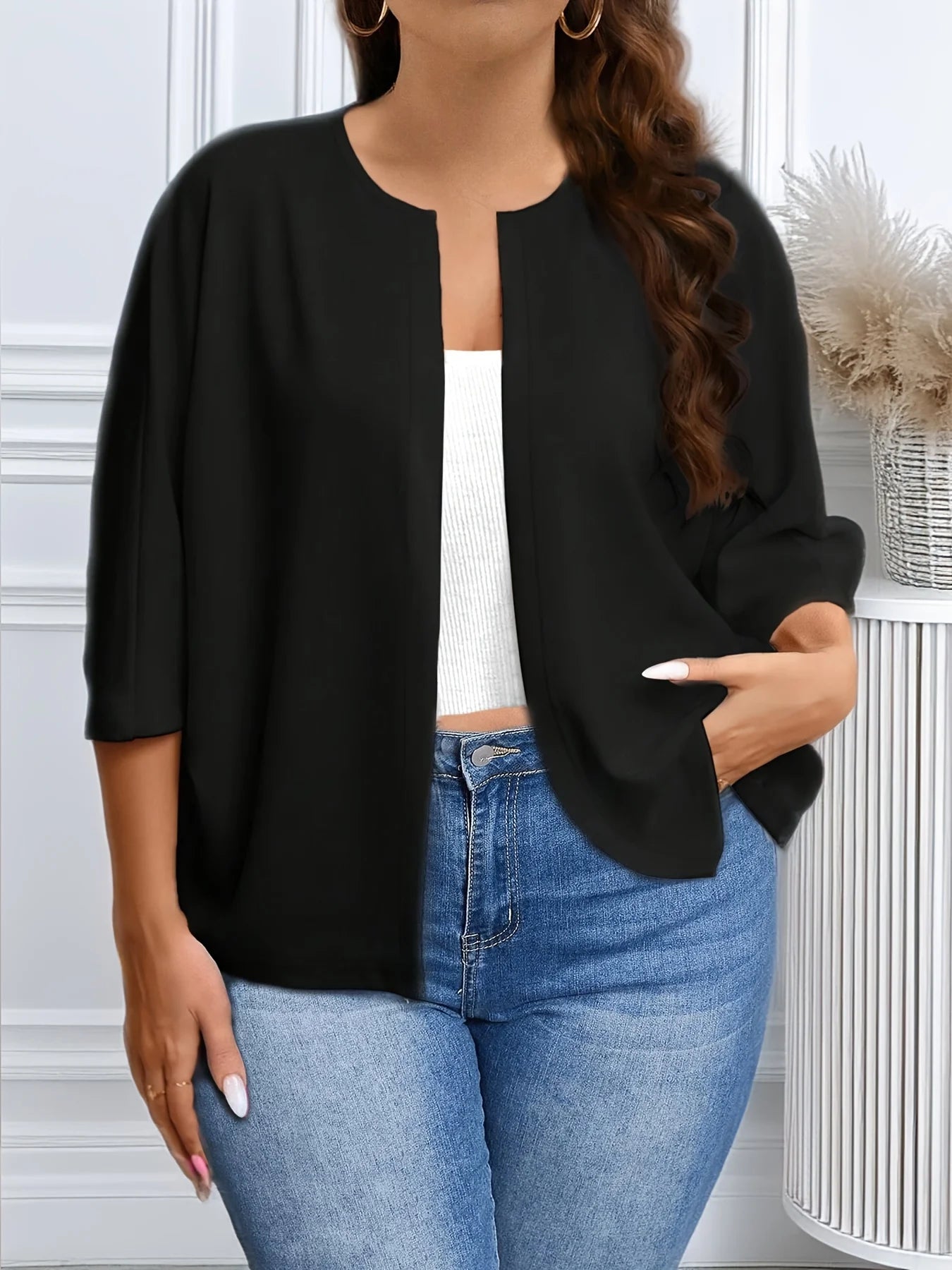 Dam Plus Size Öppen Kofta – Lättviktig 3/4-ärm Casual Lös Stickad Året Runt, 4 Färger 1XL–5XL