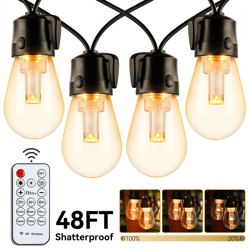 Arbrac ST38 LED-ljusslinga Utomhus IP44 – Varmvit 2200K Krossäker Fjärrkontroll Dimmer 15/18/20/30m Trädgård Bröllop Jul CE RoHS