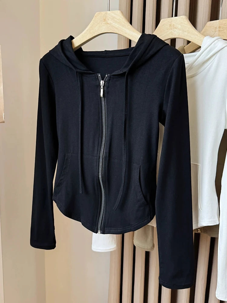 Cropped Hooded Zip-Up Jacket Women Autumn New Slim Long Sleeve Sweatshirts Female Solid Streetwear Sports Hoodies Ropa De Mujer