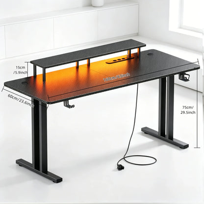 120/140/160CM Gaming Desk with LED Lights & Power Outlet, Ergonomic Carbon Fiber Computer Gamer Desk with Dual Monitor Stand,  Cup Holder & Headphone Hook, Home Office Gaming Table