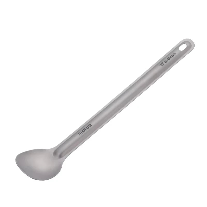 Tiartisan Titaniumsked & Spork – Ultralättviktig 15g, Långt Handtag, Frostad/Polerad, Camping