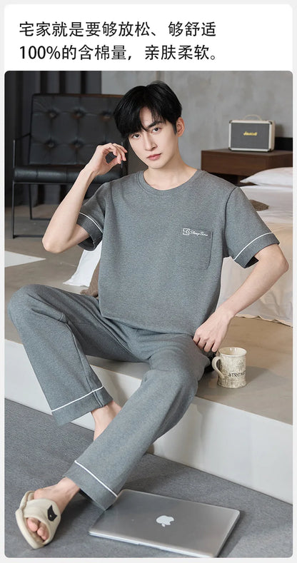 Short Sleeves & Shorts & Long Pant 3Pcs/set Cotton Nightwear for Men Summer Breathable Casual Sleepwear Male Loungewear Hombre