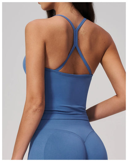 Summer New Yoga Vest Women Workout Crop Tops Cross Back Strap Fitness Bra Shockproof Sports Halter Workout Bra Push Up Yoga Vest