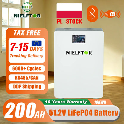 NIELFTOR 48V 200Ah 10kWh LiFePO4 Lithium Battery Built in 200A Smart BMS Big Power 51.2V LiFePO4 Battery for Energy Storage Off-Grid Solar System PL EU Stock