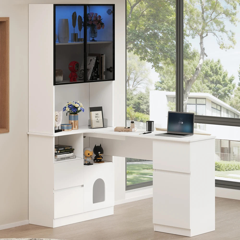 Corner Desk with Shelf and LED Display Cabinet, Desk with Cable Outlet, 3 Drawers, 2 Doors, Open Compartments, Built-in Bookcase