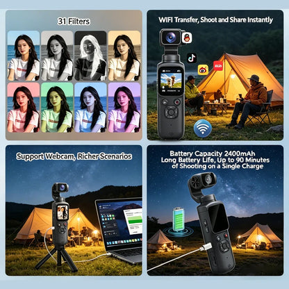 4K Action Camera with 330° Face Tracking Gimbal Stabilizer, 75MP WiFi Pocket Portable Camcorder, Mini Handheld Vlog Camera for