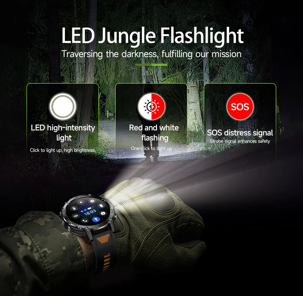 New 1400 mAh Battery Military Smartwatch Men IP68 Waterproof Flashlight Health Monitor Sports Call Smart Watch For iOS Android