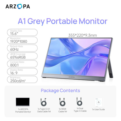 [GREY}ARZOPA 15.6/16.1inch 144/60HZ Mini Second Gaming Display Portable Monitor External Screen for MAC/Laptop/PC/Xbox/PS/Switch