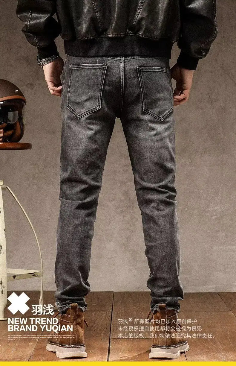High Street Motorcycle Men's Brand Splice Pockmark Handsome 2025 Autumn Winter New Elastic Slim Fold Long Pants Casual Jeans