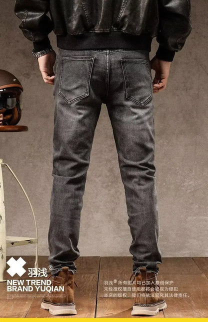 High Street Motorcycle Men's Brand Splice Pockmark Handsome 2025 Autumn Winter New Elastic Slim Fold Long Pants Casual Jeans