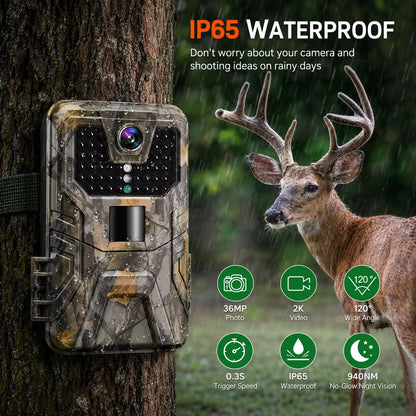 36MP 2.7K Trail Camera Wireless Night Vision Photo Trap 940nm Low Glow Infrared Hunting Cam HC900A for Wildlife Surveillance