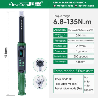 MoveCrab digital momentnyckel med utbytbara huvuden 6.8-135 Nm