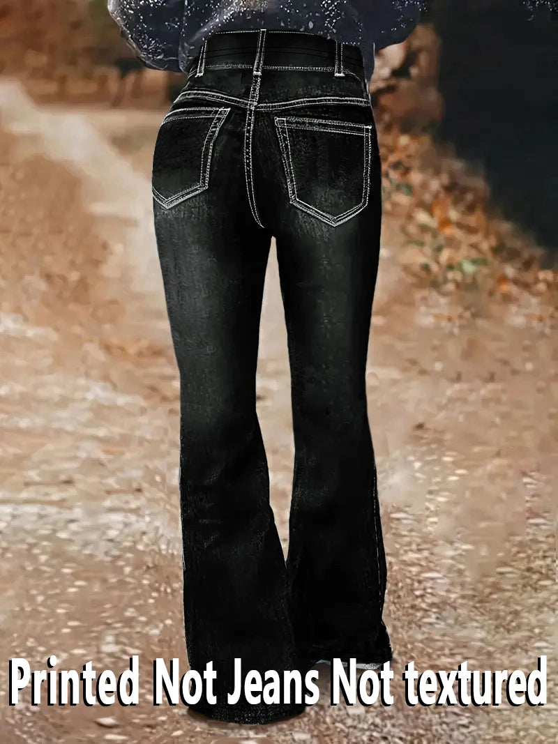 1253 [Printed Pants - Not Denim Fabric] Floral Print Flare Pants - Non-Denim Fabric, Women's Trousers,
