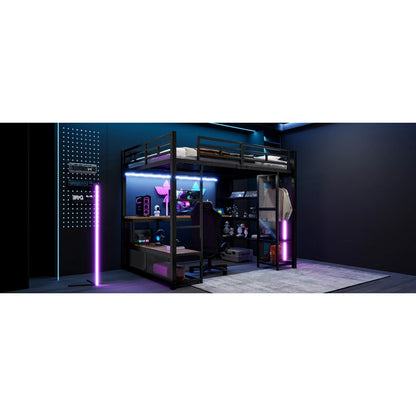 140x200cm Metal High Bed with Storage and Open Wardrobe, Kids Bedroom Bed with USB Connector and LED Lighting, Black/white