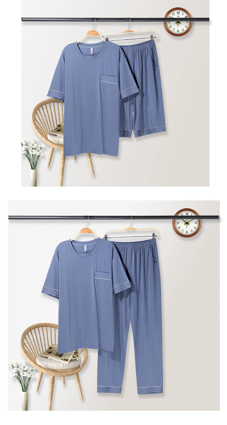 Plus Size L-5XL Modal Men's Pijamas Set Summer Soft Nightwear 3 Pieces Set Pajamas Short Sleep Tops & Shorts & Long Pant Hombre