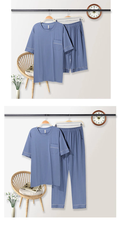 Plus Size L-5XL Modal Men's Pijamas Set Summer Soft Nightwear 3 Pieces Set Pajamas Short Sleep Tops & Shorts & Long Pant Hombre