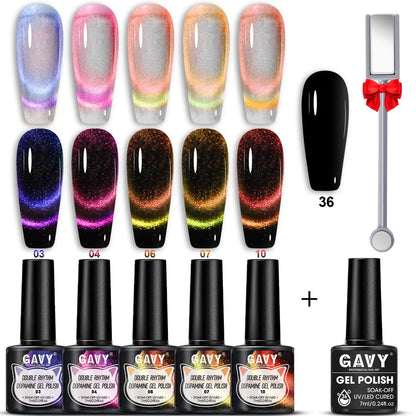 GAVY 5-Piece Two-Color Cat's Eye Gel Nail Polish Set + Black Base Gel + Magnetic Stick, for DIY Nail Art