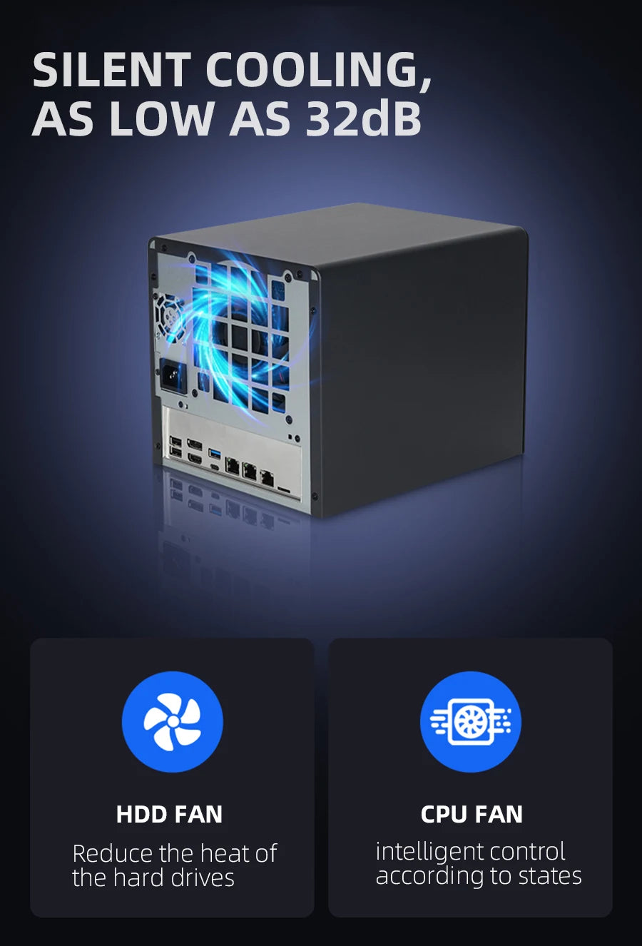 XCY X108 NAS Mini PC 4-fack 2,5"/3,5" SATA – Intel N150 / Celeron N2940, Windows 10/11 Linux NAS, DDR5/DDR3L