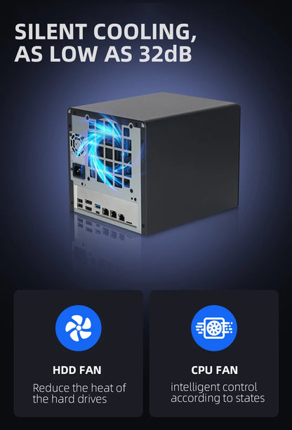 XCY X108 NAS Mini PC 4-fack 2,5"/3,5" SATA – Intel N150 / Celeron N2940, Windows 10/11 Linux NAS, DDR5/DDR3L