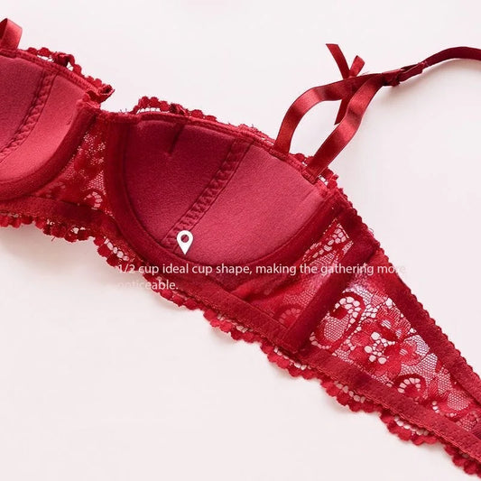 KUCLUT Jacquard lace big bow half-cup bra set, thin cotton cup breathable new small-bust push-up bra