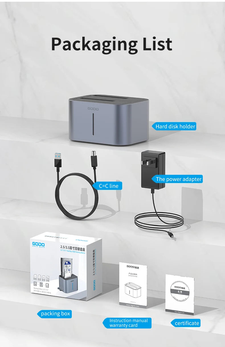 GODO USB 3.0 Dubbel Fack Typ C Hårddiskdocka för 2.5/3.5 tums SATA-enheter