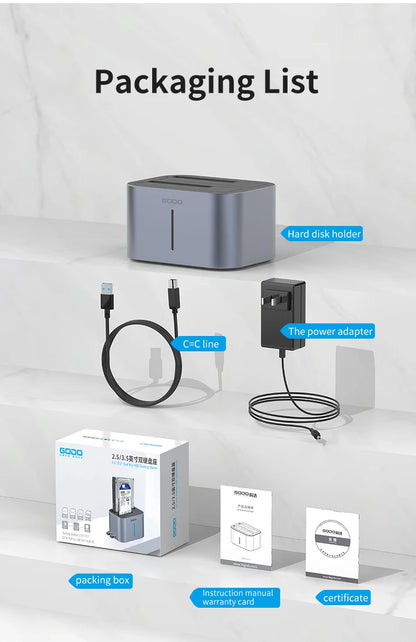 GODO USB 3.0 Dubbel Fack Typ C Hårddiskdocka för 2.5/3.5 tums SATA-enheter