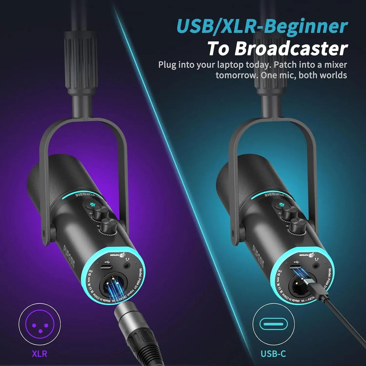 PUPGSIS Podcast Microphone Kit, USB/XLR Dynamic Vocal Mic, Streaming Mic with RGB Lights for PC/XLR Mixer, with Mute Button, Headphone Jack, Gain Knob, for Gaming Voice-Over Recording