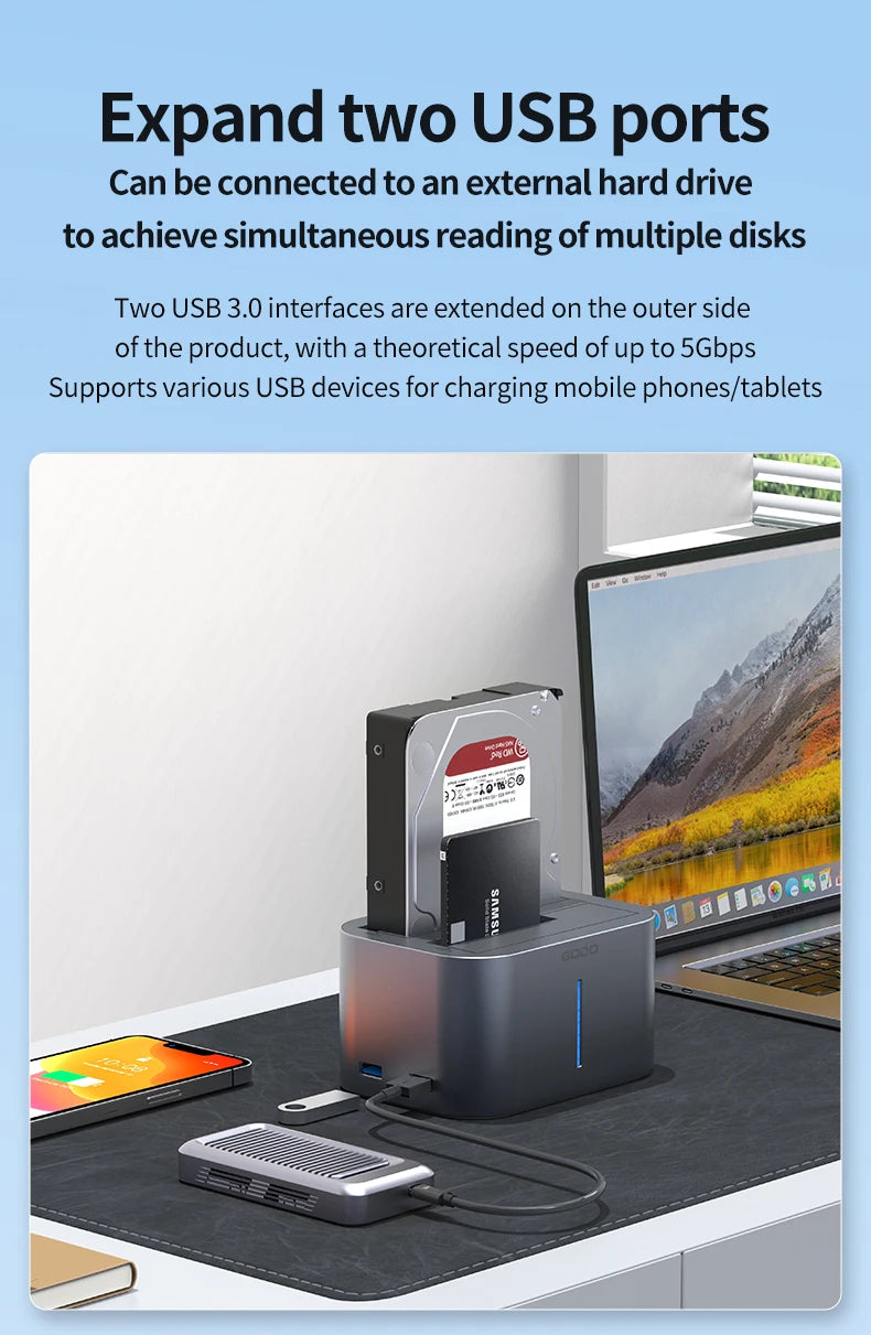 GODO USB 3.0 Dubbel Fack Typ C Hårddiskdocka för 2.5/3.5 tums SATA-enheter