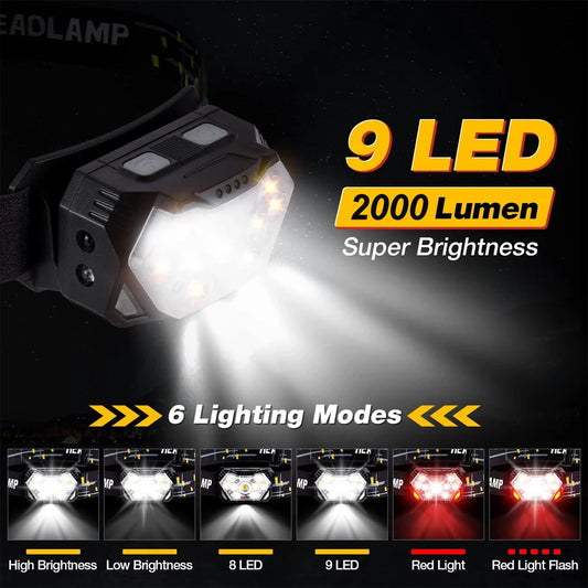 Pannlampa 9 LED 2000 Lumen – USB-C Uppladdningsbar, Rörelsesensor, 6 Lägen, Vattentålig, Camping