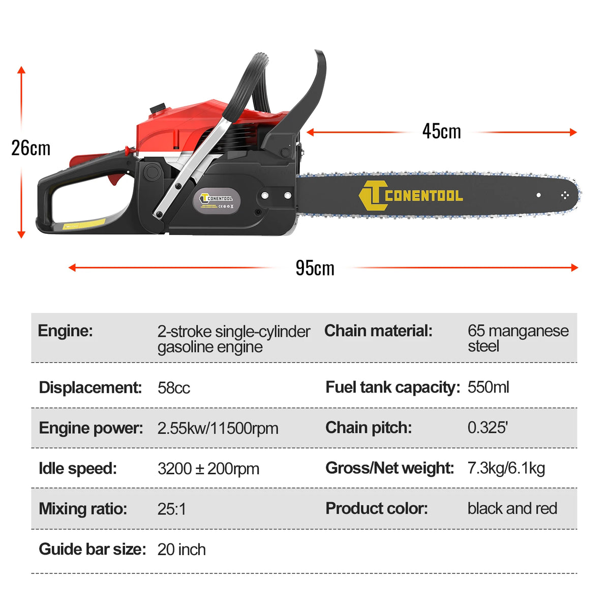 CONENTOOL Professional 58CC Gas Petrol Chainsaw 20" Chain Saw 2.55kW High Power Wood Cutter for Tree Felling Firewood Farm Forestry Garden Tool