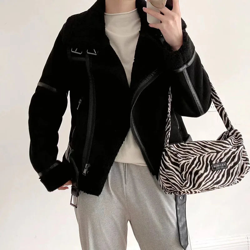 Varm Lammskinnsjacka Dam – Kort Motorcykelstil, Faux Shearling, Mocka, 2 Färger, XS–XL