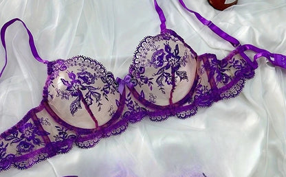 Conjunto Lencería Bordado Floral Transparente Aro Rejilla Copa Fina Sujetador Push Up Estilo Puro Deseo Ropa Interior Mujer S-XL