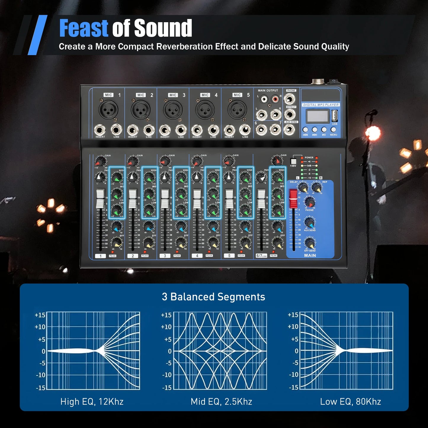 7/8-Channel Professioneller Mixer, Soundboard Konsole with Bluetooth USB PC Recording Input XLR Microphone Jack