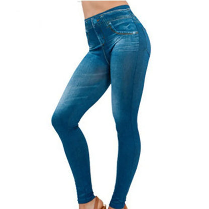 Dam Denim-print Leggings – Slim Faux Jeans Stretch Hög Midja Ankellång Casual Kontor, 3 Färger S–3XL