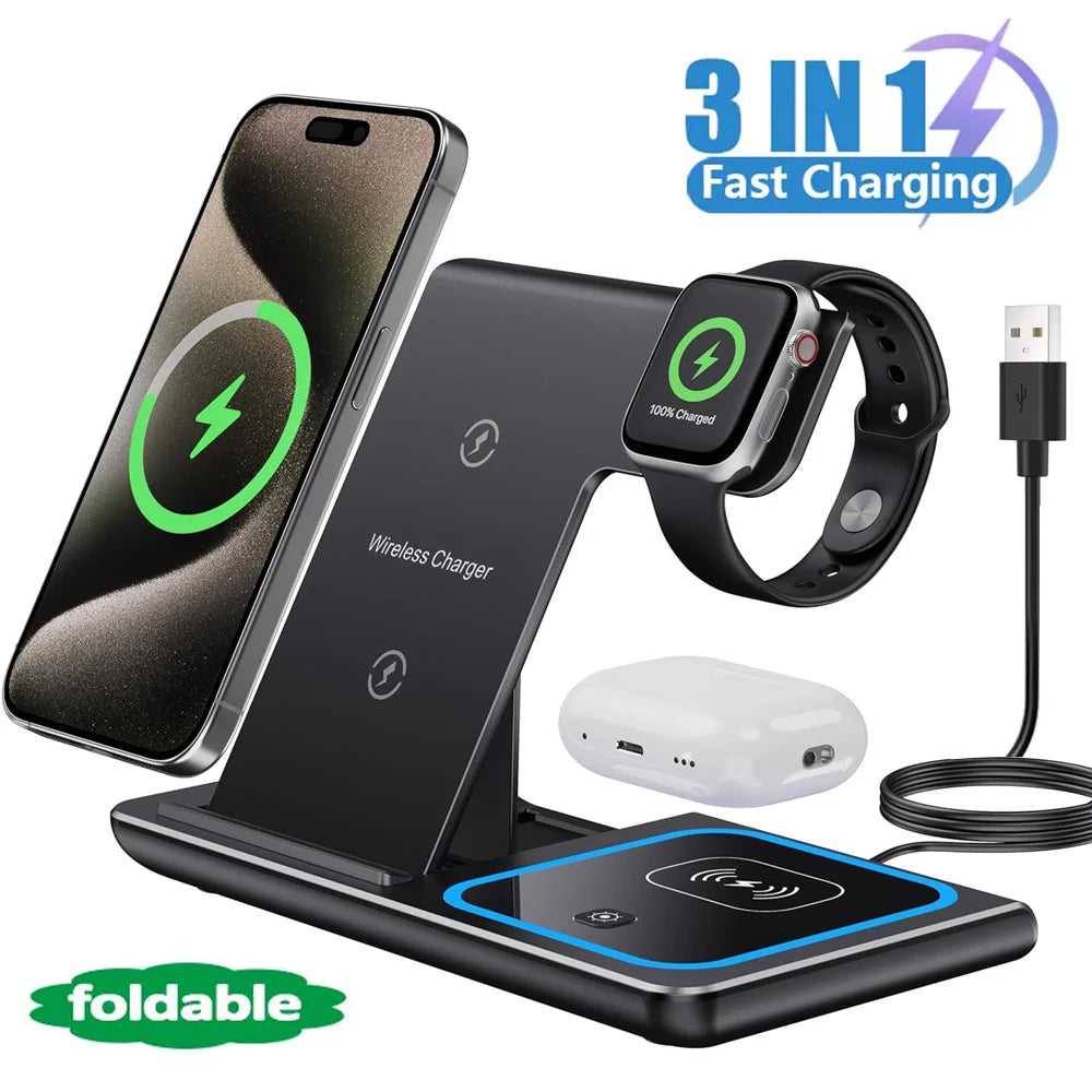 LED Snabbt Trådlöst Laddningsställ 3 i 1 Vikbar Laddstation för iPhone och Apple Watch