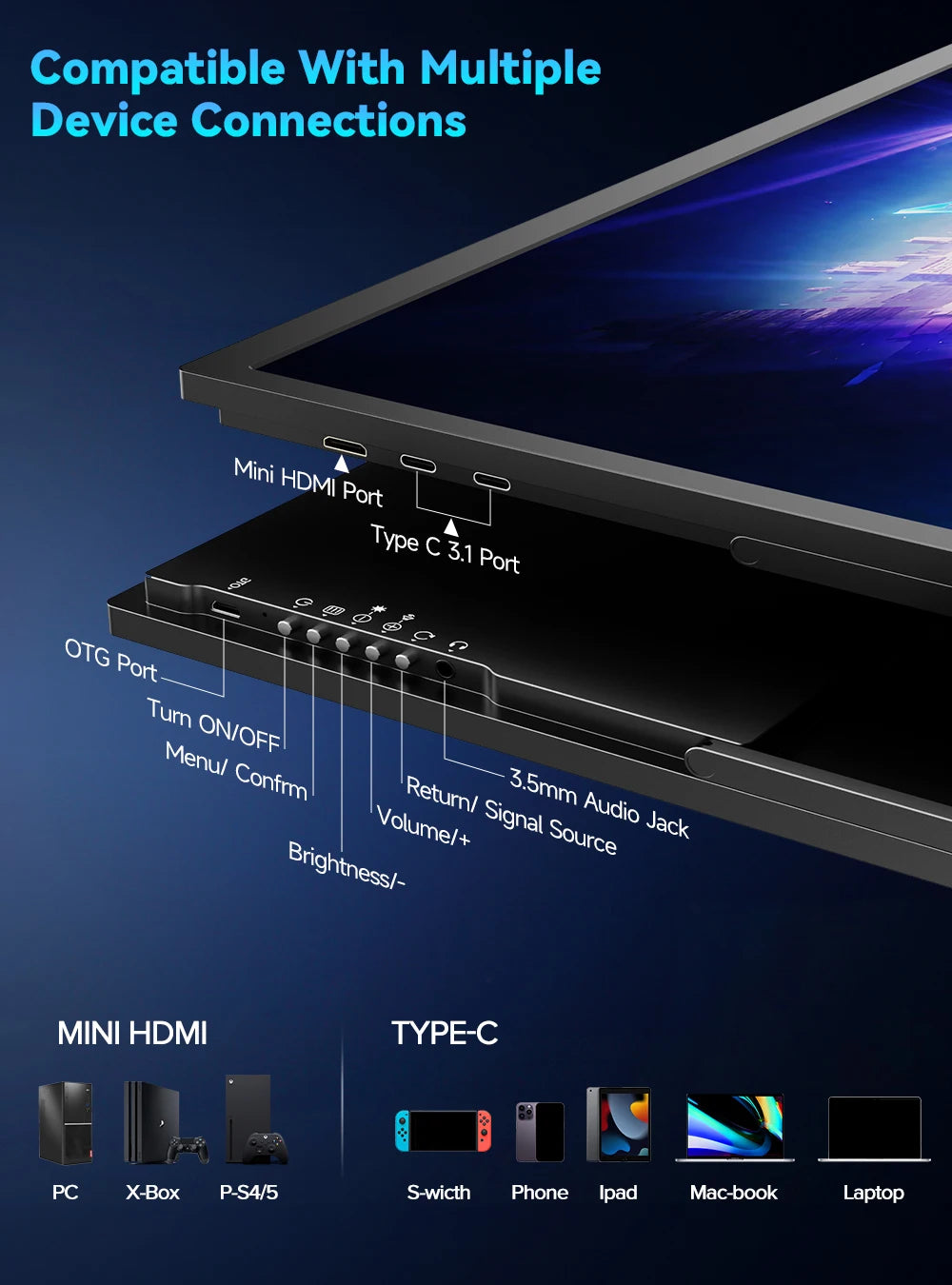 UPERFECT 24,5" Portabel Gaming Monitor – 240Hz 1ms IPS 460 nits HDR10 FreeSync USB-C Mini-HDMI VESA Laptop PS5 Switch
