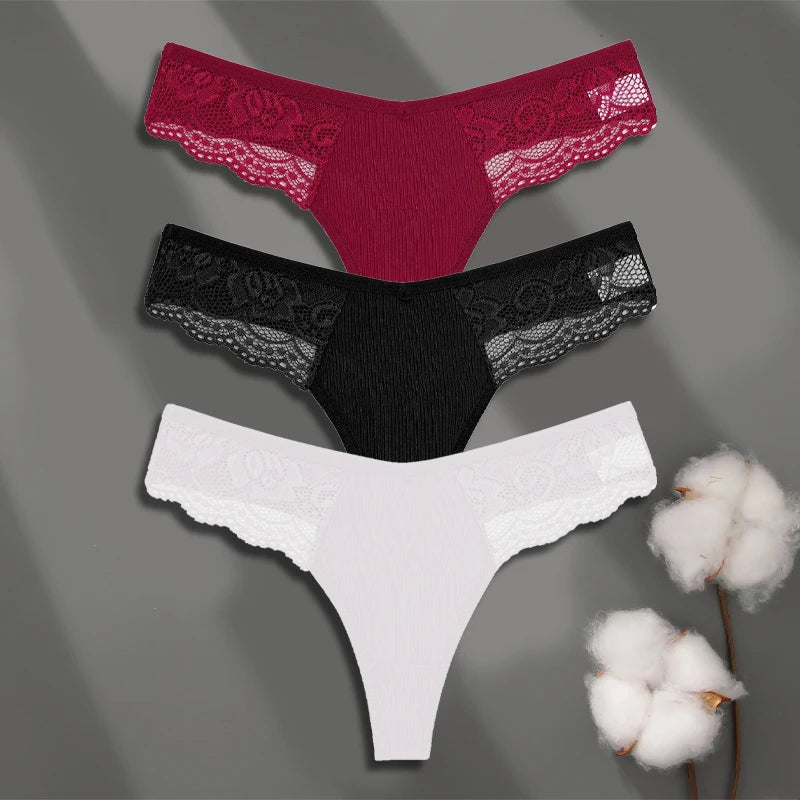 FINETOO 3-pack spetsstring i bomull med låg midja