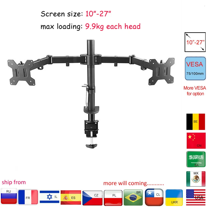 DL-MS02 Desktop Stand Full Motion 360 Degree Steel Dual Monitor Holder 10'-27' Clamp Base Monitor Mount Arm Loading 9.9kgs