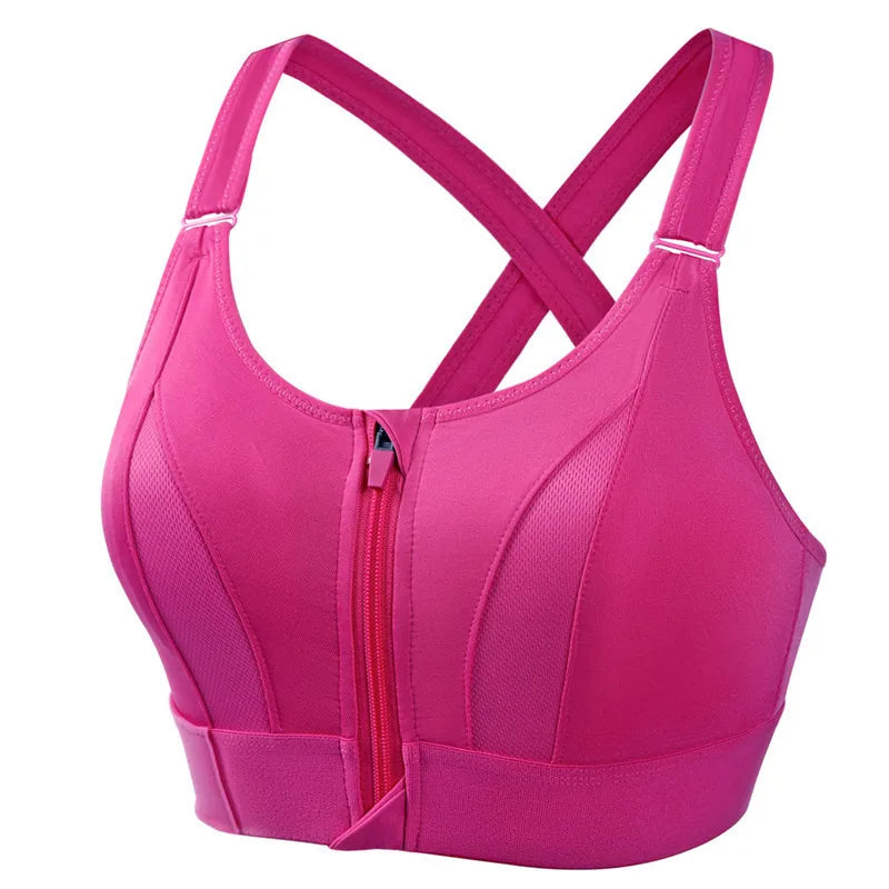 Women High Impact Shockproof Sports Bra Front Zip Adjustable Shoulder Straps Back Support Yoga Running Fitness Bralette
