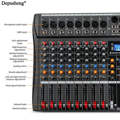 Depusheng DX8 8-kanals ljudmixer med Bluetooth och DSP-effekter