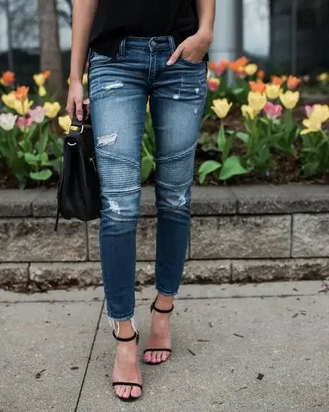 Women Jeans Denim Pencil Pants Pockets Streetwear Slim Mom Holes Punk Sexy Sheath High Waist Washing Distressed Ankle Length