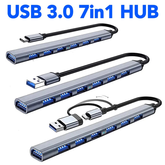 USB Hub 7 Portar – USB-A / USB-C / 2-i-1 USB 3.0 5Gbps Aluminiumlegering Plug & Play 15cm Kabel PC MacBook Xbox PS4