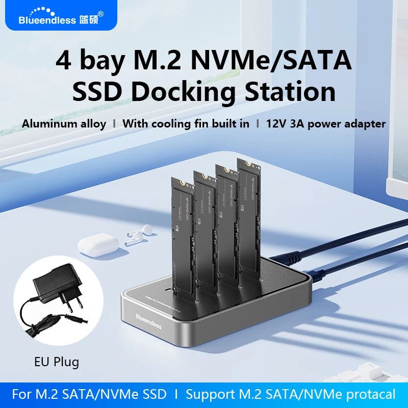 Blueendless 4 Bay M.2 NVMe/SATA SSD Docking Station Type C USB3.1 10Gbps M2 NVMe PCIe SATA NGFF Dual Protocol Aluminum SSD Case