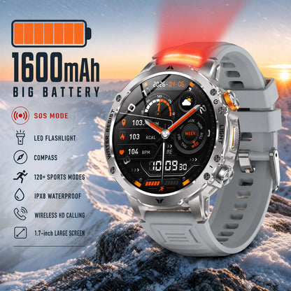 2026 New Men Outdoor Smart Watch 1.7" IPS 1600mAh  Battery Bluetooth Call IPX8 Waterproof Flashlight SOS Compass 120+Sport Modes