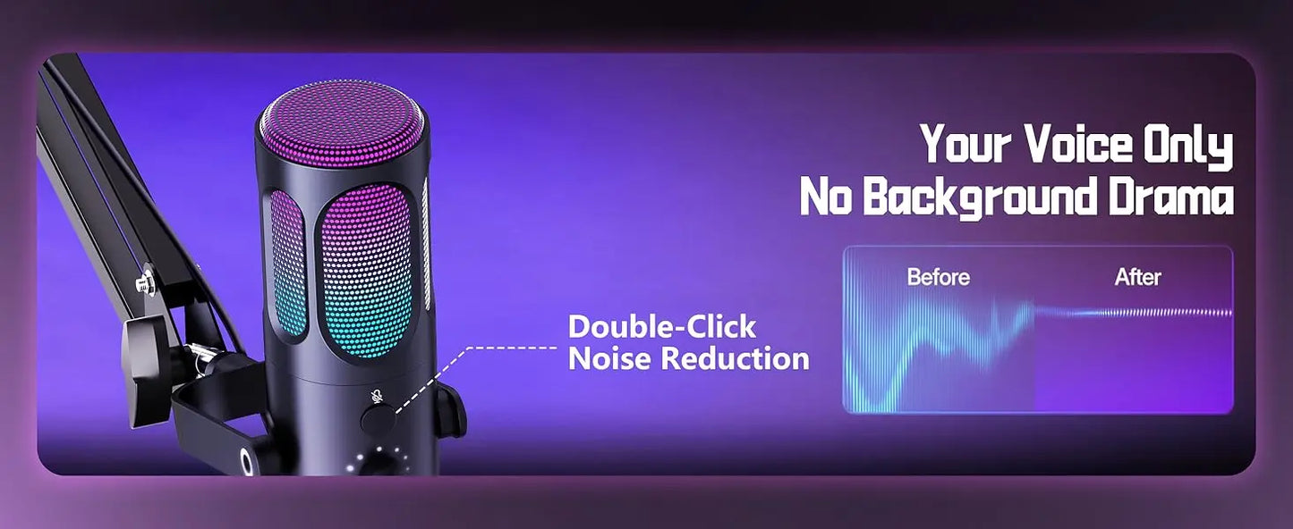 PUPGSIS Gaming USB Microphone, Noise Cancellation Condenser Mic with Mute, Gain, RGB Lights, Boom Arm Stand for Streaming, PC