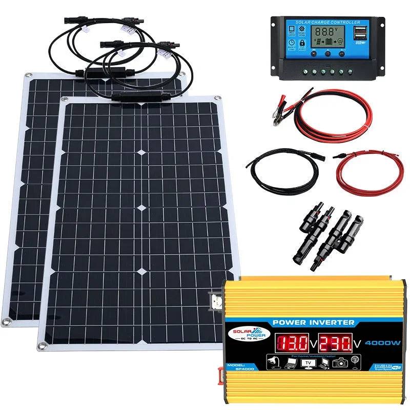 Solsystem-kit – 12V till 110V/220V, Inverter + 100A Regulator + Solpaneler, Hem/Stuga/Husbil/Camping, Svart/Gul