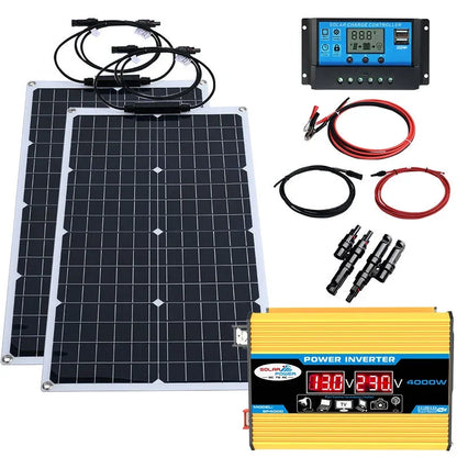 Solsystem-kit – 12V till 110V/220V, Inverter + 100A Regulator + Solpaneler, Hem/Stuga/Husbil/Camping, Svart/Gul