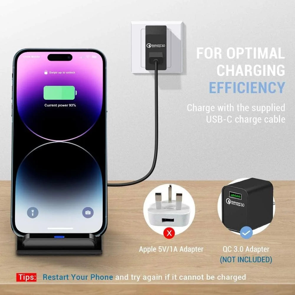 Fast Wireless Charging Stand Compatible with Samsung S24/S23/S22/S21 Ultra, iPhone 17‑12 Pro Max & Xiaomi Smartphones
