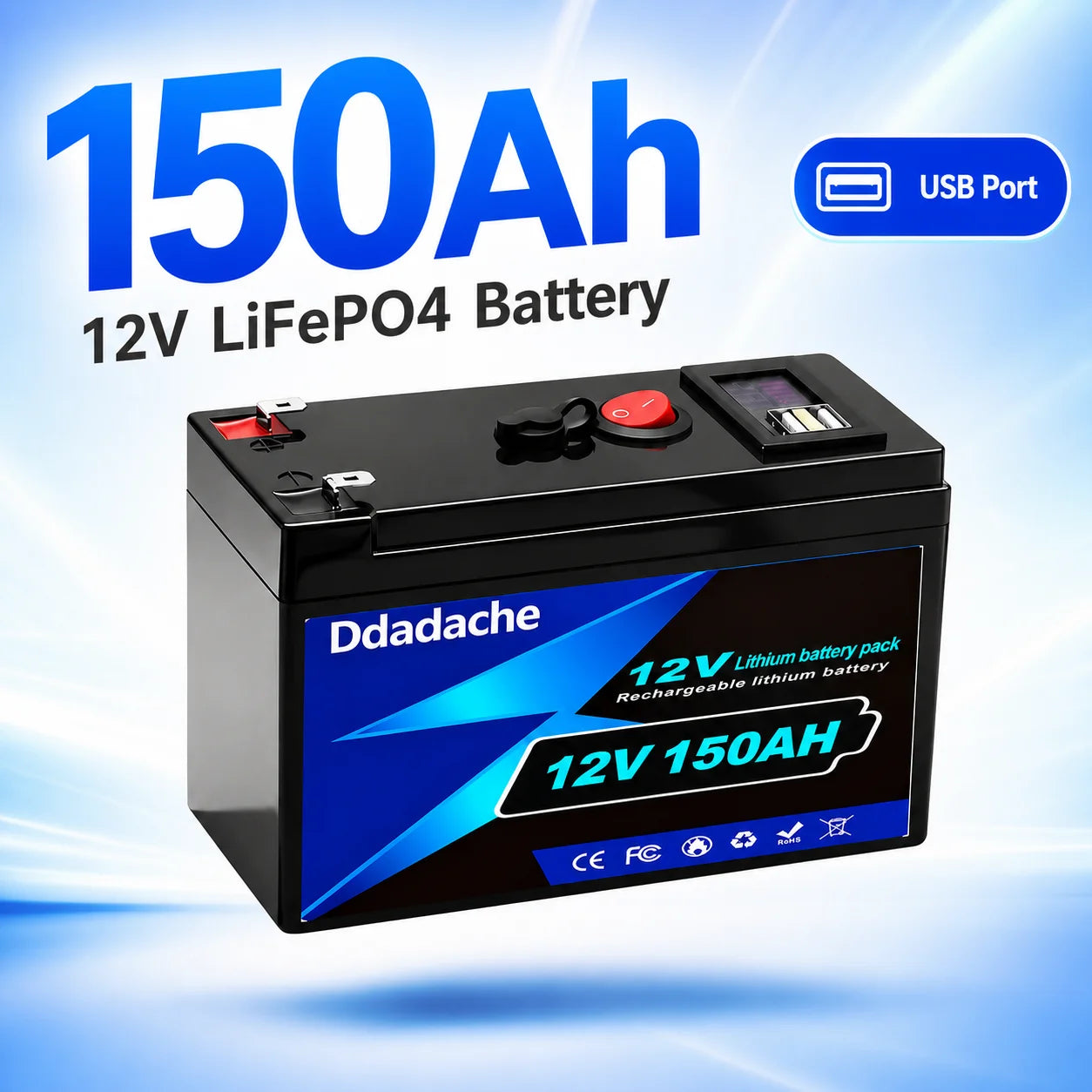 LiFePO4 Batteri 12V 150Ah 1920Wh – Smart BMS, USB-port, ~4000 Cykler, 18650-celler, CE/RoHS/UN38.3, Sol/Husbil/Båt/Off-Grid, EU-lager (Polen)
